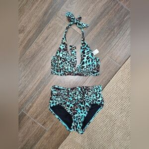 BEACH DIVA TURQUOISE LEOPARD BIKINI 2 PIECE SZ 34D
